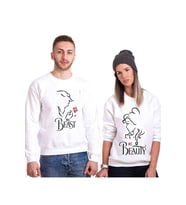 Tshirthane Beast Beauty Gül Sevgili Kombinleri Sweatshirt Kombini (Beyaz)