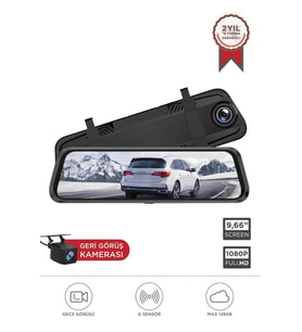 Lenovo V7AHD Siyah 1080P Araç içi 9.6inç Dokunmatik Dikiz Ayna Gece Görüşü Ön ve Arka Araç Kamerası