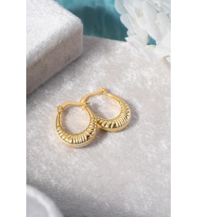 925 Ayar Gümüş Gold Rengi Çizgili Oval Tasarım Şarnel Küpe