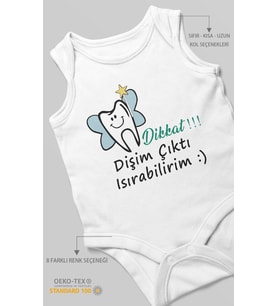Dikkat! Dişim Çıktı Isırabilirim Baskılı Bebek Zıbını – Çıtçıtlı Body  %100 Pamuk Sıfır Kol