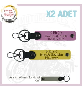 Motosiklete Özel, İsim Plaka ve 0 Rh (+) Kan Grubu Yazılı Acil Durum 2'li Anahtarlık, Sarı-Pembe-Gr (Çok Renkli)