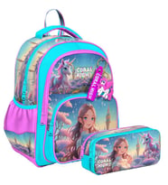 Coral High İlkokul Sırt Çantası ve İki Bölmeli Kalemlik - Kız Çocuk - Turkuaz Pembe Anime Kız