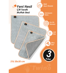 Twino 3'lü Çift Taraflı Zor Kir Temizlik Bezi 30x30 Mikrofiber Telli Ovma Mutfak Lavabo Tezgah Bezi