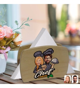 BK Gift Kişiye Özel Kadın ve Erkek Chef Karikatürlü Lüks Ahşap Peçetelik-1