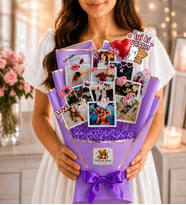 Kalpli Balon & İyi Ki Varsın Çubuk Stickerlı (Mor) - 12 Fotoğraflı Şık Anı Buketi - Kişiye Özel Çiçek Buketi Sevgiliye -Arkadaşa- Yeni Doğan Bebek Hediyeleri Root&Hug