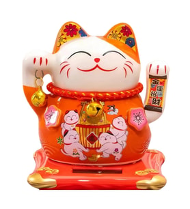 Seramik Maneki Neko Turuncu Güneş Enerjili Şans Kedisi 12cm No.4 (Karışık)