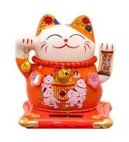 Seramik Maneki Neko Turuncu Güneş Enerjili Şans Kedisi 12cm No.4 (Karışık)