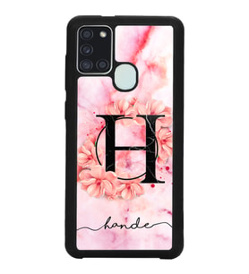Samsung A21s Uyumlu Pudra Mermer Çiçekli Harf Tasarımlı Glossy Telefon Kılıfı