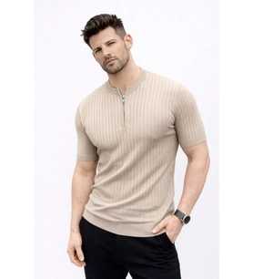 Erkek Kısa Kol Fitilli Triko T-Shirt Yazlık Hakim Yaka Tişört - Bej