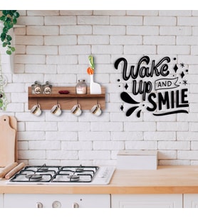 BK Home Doğal Ahşap Raflı Dekoratif Fincan Askılığı ve Uyan ve Gülümse Duvar Süsü-1 (Beyaz)