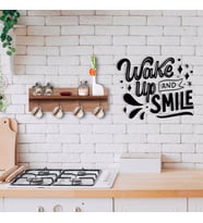 BK Home Doğal Ahşap Raflı Dekoratif Fincan Askılığı ve Uyan ve Gülümse Duvar Süsü-1 (Beyaz)
