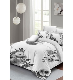 Lastikli Çarşaflı %100 Pamuk Saten Çift Kişilik Nevresim Takımı Black White Flower