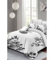 Lastikli Çarşaflı %100 Pamuk Saten Çift Kişilik Nevresim Takımı Black White Flower