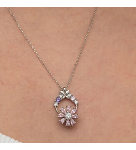 Pembe Dönen Zirkon Taşlı Çiçek 925 Ayar Gümüş Kadın Kolye