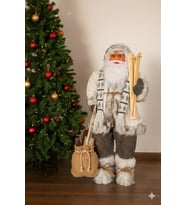 120 cm Yılbaşı Noel Baba Figürü - Beyaz Kostümlü Kayaklı Lüks Dekoratif Büyük Boy Süs (İç ve Dış Mekan)