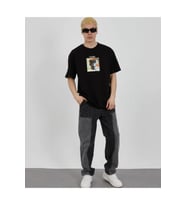Unisex Bisiklet Yaka Baskılı Oversize T-Shirt - Siyah