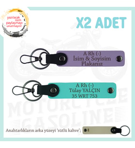 Motosiklet Aşıkları İçin, İsim Plaka ve A Rh (-) Kan Grubu, Acil Durum x2 Anahtarlık, Mor-Turkuaz-SK