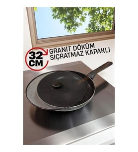 Turk Granit Döküm Tava Yağ Sıçratmaz Kapaklı -Yapışmaz Taban 32 Cm