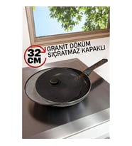 Turk Granit Döküm Tava Yağ Sıçratmaz Kapaklı -Yapışmaz Taban 32 Cm