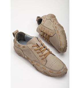 Hakiki Deri Nubuk Saraçlı Bağlı Bej Erkek Günlük Ayakkabı