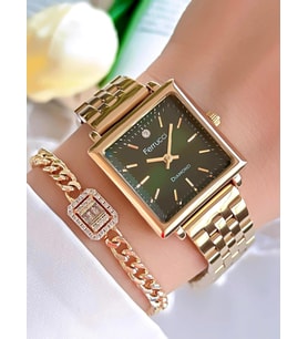 Ferrucci Diamond Pırlanta Taşlı Ve Sertifikalı Özel Kutulu Kadın Kol Saati+Bileklik BFC.01118-03 (Yeşil-Sarı)
