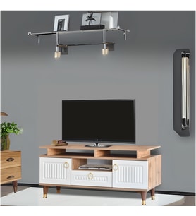 Pera TV Sehpası Atlantik Çam Krem Renkli 2 Kapaklı 1 Çekmeceli Raflı Üst Panel 130x59x36 Cm