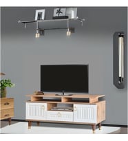 Pera TV Sehpası Atlantik Çam Krem Renkli 2 Kapaklı 1 Çekmeceli Raflı Üst Panel 130x59x36 Cm
