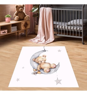 Ayda Sallanan Ayıcık Desen Renkli Dijital Baskı Yıkanabilir Kaymaz Taban Bebek ve Çocuk Odası Halısı (Beyaz)