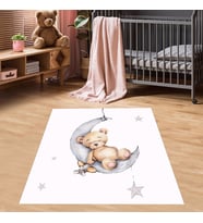 Ayda Sallanan Ayıcık Desen Renkli Dijital Baskı Yıkanabilir Kaymaz Taban Bebek ve Çocuk Odası Halısı (Beyaz)