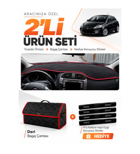 FIAT BRAVO (2007-2014) Uyumlu Torpido Örtüsü + Deri Bagaj Çantası + Sticker Seti - Siyah Kırmızı