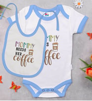 BK Kids Mommy Needs Her Coffee Tasarımlı Mavi Bebek Body Zıbın ve Mama Önlüğü Hediye Seti-1