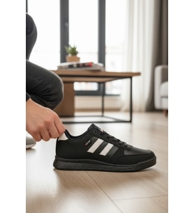 Enoch Erkek Günlük Spor Ayakkabı Cilt Deri Klasik Şeritli Sneaker Kaymaz Taban Rahat Kalıp (Siyah & Beyaz)