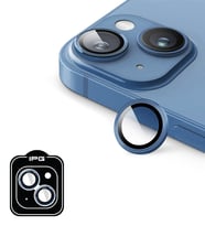 iPhone 14 / 14 Plus için IPG ProLENS Kamera Lens Koruyucu Alüminyum CD Çerçeveli, Kırılmaz Cam (Açık Mavi)