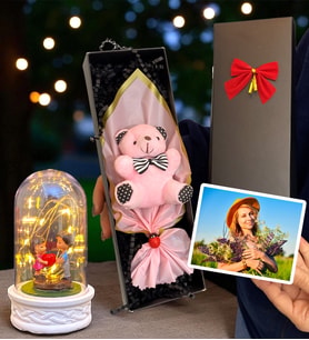 Size Özel Fotoğraflı Kutuda Pembe Peluş Ayıcık ve Led Işıklı Biblolu Fanus (Model 4)