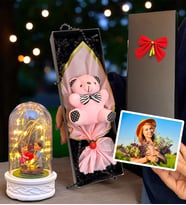 Size Özel Fotoğraflı Kutuda Pembe Peluş Ayıcık ve Led Işıklı Biblolu Fanus (Model 4)
