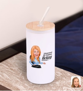 BK Gift Karikatürlü Beyaz Renk Pipetli Buzlu Cam Bardak 600ml - 4, Arkadaşa Hediye, Doğum Günü Hediyesi