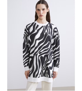 LCW Modest Siyah Büyük Beden Desenli Kadın Sweatshirt Tunik