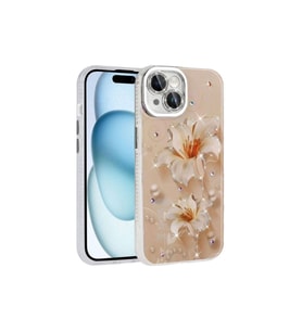 Apple iPhone 15 Uyumlu Kılıf Çiçek Desenli Parlak Taşlı Sert Silikon Zore Garden Kapak (Açık Pembe)