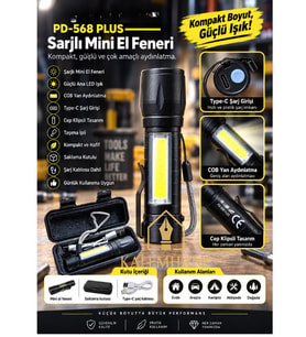 Kalemhane PD-568 Plus Şarjlı Mini El Feneri – Güçlü LED, COB Yan Işık, Type-C Şarjlı, Cep Klipsli ve Kutulu