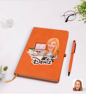 BK Gift Kişiye Özel Kadın Genel Müdür Karikatürlü Turuncu Termo Deri Defter Kalem Seti Model 1