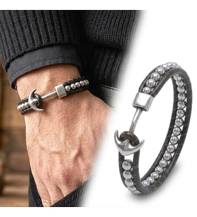 Moncuk Design Çelik Çapa Hematit Doğal Taş Orijinal Deri Örgü Erkek Bileklik 33512B27D1