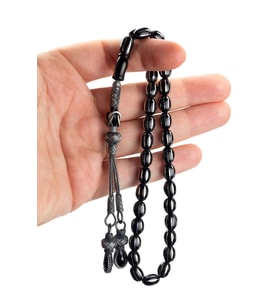 Erkek Gümüş Püskül 8x12mm İşlemeli Oltu Tesbih (Siyah)