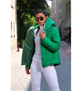 Kadın Yeşil Su Geçirmez Kapüşonlu Şişme Mont