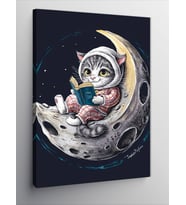 Kanvas Tablo Ay Üzerinde Kitap Okuyan Kedi