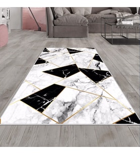 Beyaz Mermer Desenli Gold Detay Yıkanabilir Kaymaz Taban Leke Tutmaz Modern Salon Halısı ve Yolluk