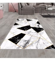 Beyaz Mermer Desenli Gold Detay Yıkanabilir Kaymaz Taban Leke Tutmaz Modern Salon Halısı ve Yolluk