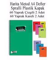 A4 Okul Defteri Spiralli Plastik Kapak 60 Yaprak Çizgili 2 Adet ve 60 Yaprak Kareli 2 Adet Spralli Harita Metod (Çok Renkli)