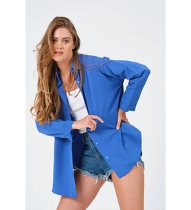 Kadın Saks Mavi Oversize Uzun Basic Gömlek