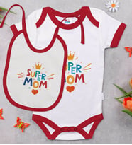 BK Kids Super Mom Tasarımlı Kırmızı Bebek Body Zıbın ve Mama Önlüğü Hediye Seti-1