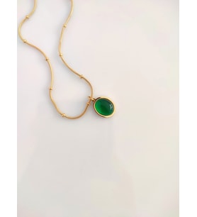 Kadın 316L Paslanmaz Çelik Gold Otantik Haki Yeşili Cam Top Zincir Minimal Sade Kolye (Haki-Yeşil)